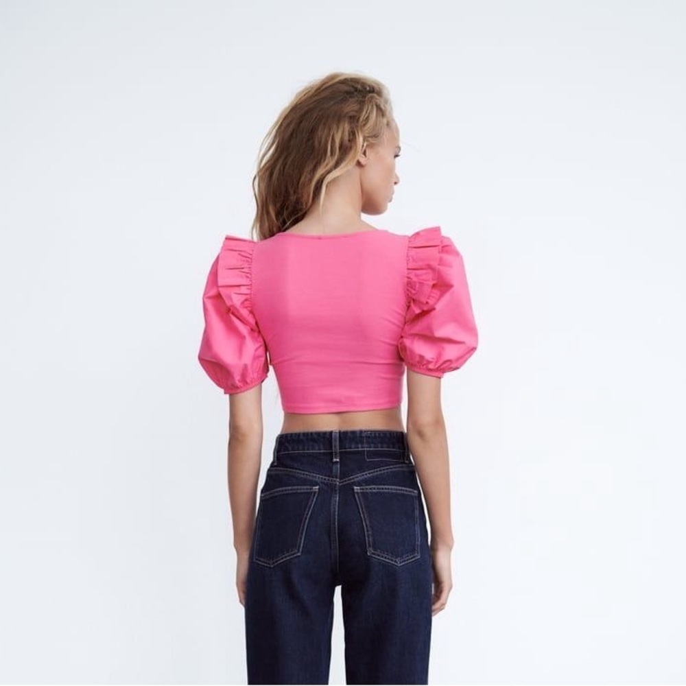 ZARA Summer Hot Pink Puffed Balloon Short Sleeves Poplin Rib Crop Top Size Small - Picture 8 of 8